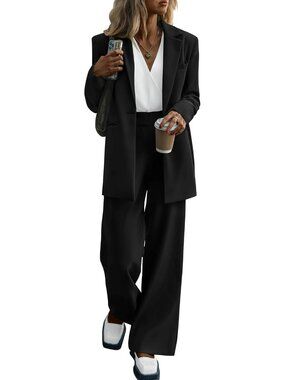 Women's Black Polyester Blend Casual Loose Long Wide Leg Pant 2 Piece Blazer Set
